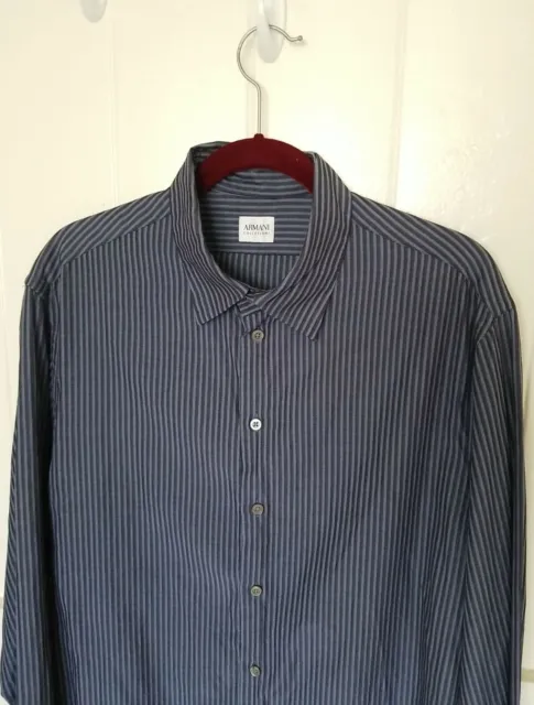 ARMANI COLLEZIONI Mens L/S Viscose Blend Button Up Shirt L Blue Stripe