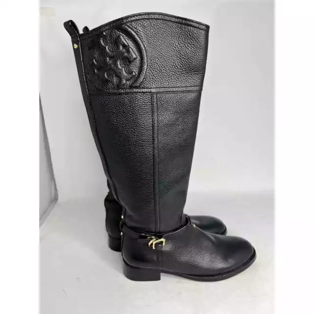 Tory Burch Marlene Black Pebbled Leather Logo Riding Boots Sz.10 M