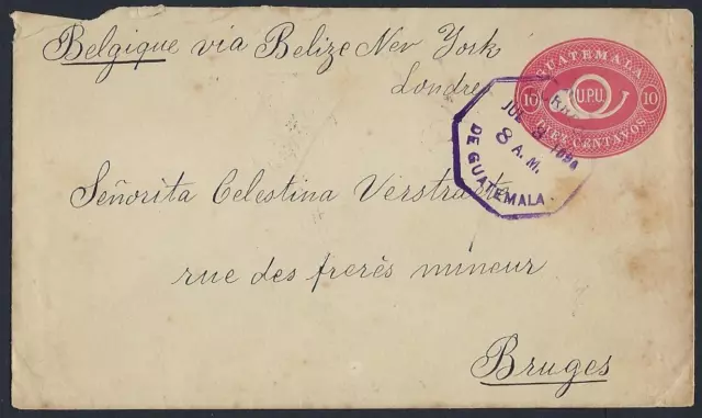 Guatemala 1896 Belgique Dix Centimes Postal Housse To Bruges Navire à Vapeur De