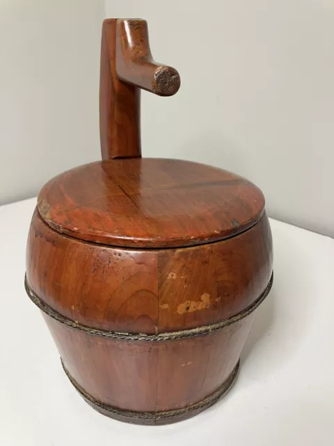 Reproduction of Antique Chinese Wood Small Water Bucket, Goose Neck Handle & Lid