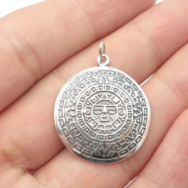 950 Silver Vintage Mayan Calendar Aztec Tribal Pendant