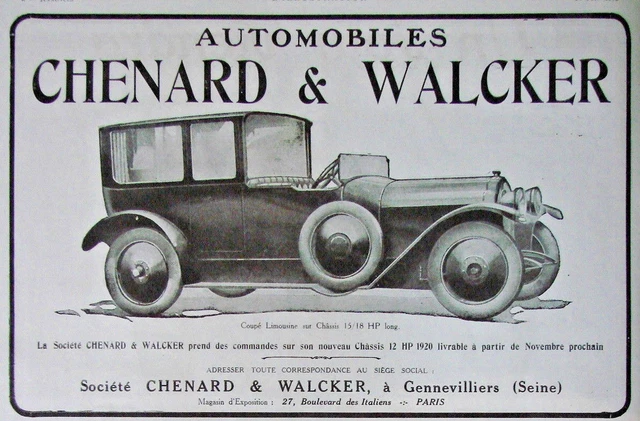 Publicité De Presse 1919 Automobiles Chenard & Walcker Chassis 12 Hp