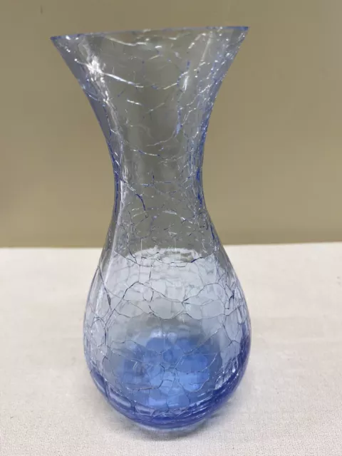 Hand Blown MCM Art Glass Blue Crackle Glass Bud Flower Vase 6”