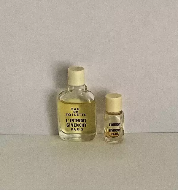 2 L'INTERDIT by Givenchy vintage Miniature Perfume Bottles 1 empty, 1 part. full