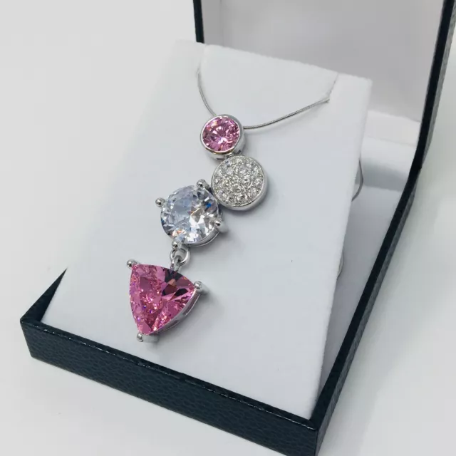 Pink 925 Sterling Silver Rhodium Plated CZ Necklace Pendant with free gift box