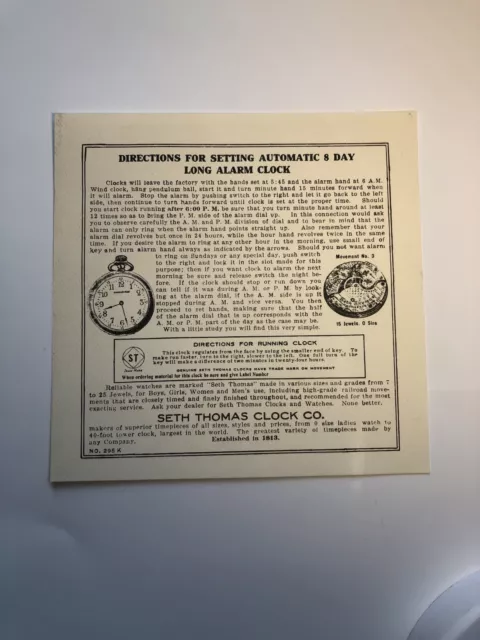 Vtg Seth Thomas Paper Label Directions Automatic 8 Day Long Alarm Clock No 295 K