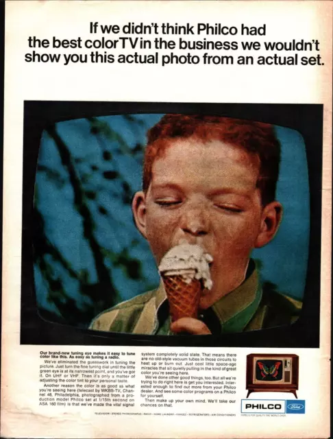 Philco Color TV 1967 Vtg Print Ad 10x13 UHF VHF Ginger Boy Eating Ice Cream a3