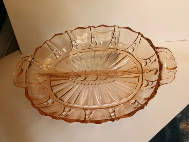 Vintage Pink Depression Glass divided dish relish bowl Oyster and Pearl