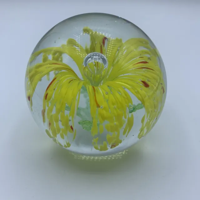 Large Art Glass Paperweight Yellow Red & Orange Flower, Green Base, Bubbles