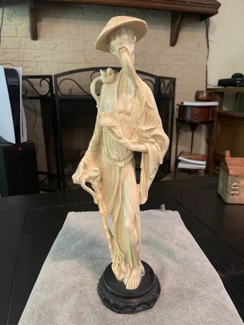 Vintage Oriental Figurine Statue Asian Man w Birds 20” Carved Resin Bone Signed