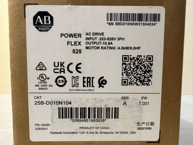 25B-D010N104 New Allen Bradley SER A Powerflex 525 AC Drive 4KW 5HP 25BD010N104