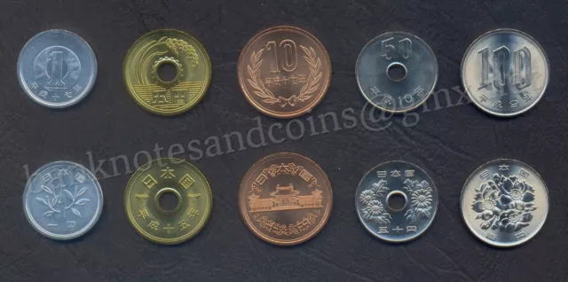 JAPAN COIN SET 1 + 5 + 10 + 50 + 100 Yen 1997 - 2005 Heisei UNC LOT of 5