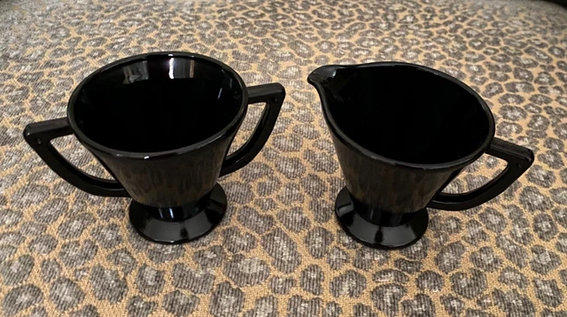 Vintage MCM Art Deco Black Depression Glass Cream and Sugar