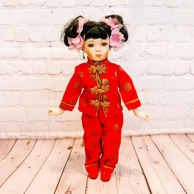 Vtg Paradise Galleries Porcelain Girl Doll Asian Red Chinese Costume 14" 1998