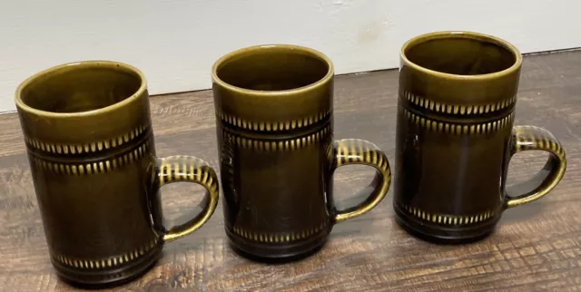 Set of 3 Vintage Prinknash England Pottery Mugs Cups Dark Green Glaze 4.5” Tall