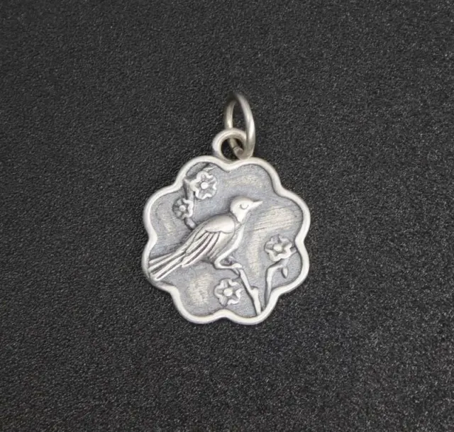 Handmade Sterling Silver Bird on Blossom Branch Scallop Edge Charm Pendant Cute