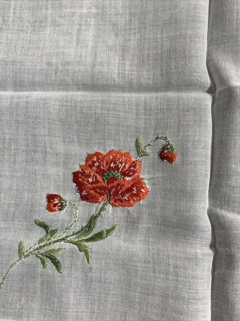 Vintage Embroidered Red Orange Flowers Raised Dots Hankie Handkerchief 10.5” EUC