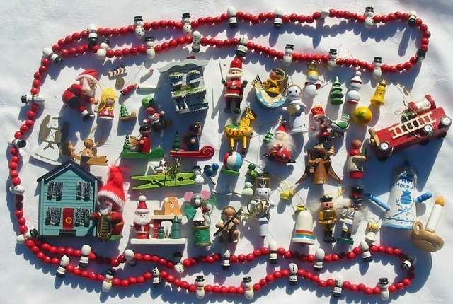 Vtg Wood Christmas 41 Ornaments Huge Lot Snowman Garland Nutcracker Angel Santa