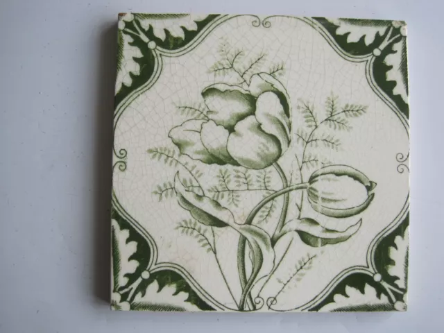 Antique 6" Victorian Green Floral Transfer Print Tile - T & R Boote C1895 Tulips