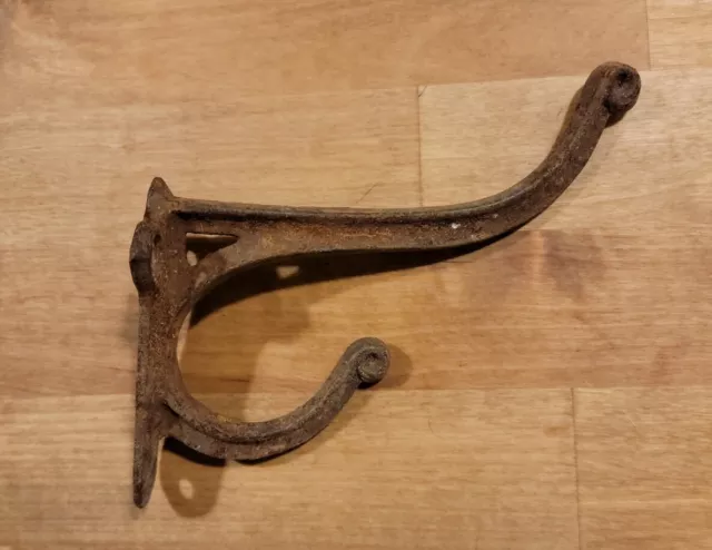 Original Antique Cast Iron Coat Hook Large Size 5  1/2” Long Rugged Scroll Tips