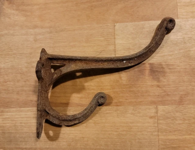 Original Antique Cast Iron Coat Hook Large Size 5  1/2” Long Rugged Scroll Tips