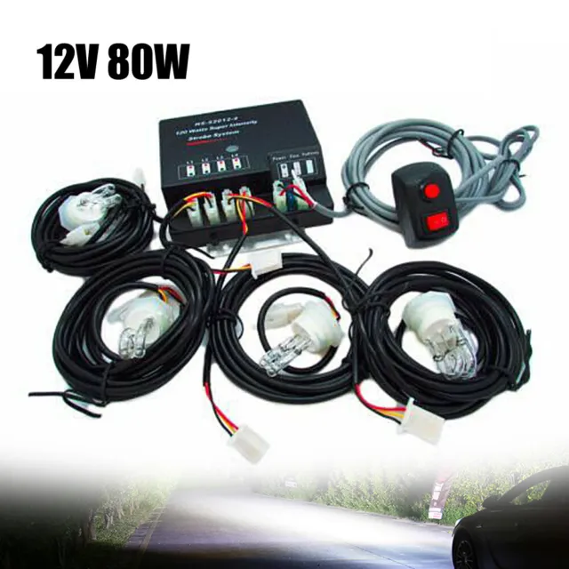 80W 12V 4 HID Bulbs Hide Away Emergency Strobe Light Flash Strobe Headlight Kit