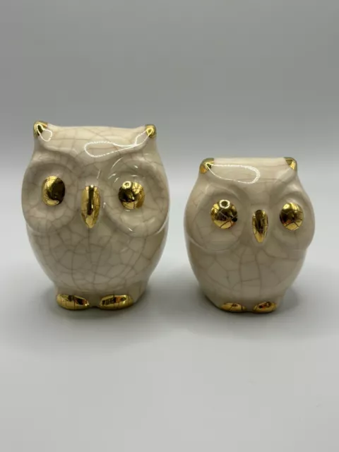 Pair Of French Cream And Gold Ceramic Owl Figurines From Les Émaux De LONGWY