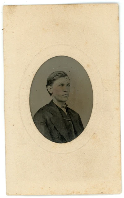 CIRCA 1860'S  Hand Tinted Cartouche TINTYPE Handsome Young Man in Suit & Tie