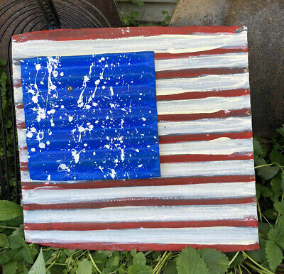 American Flag Abstract Corrugated Metal Folk Art Americana 14x13.5” Hand Made