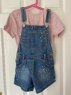 NEXT Denim Dungaree Shorts with Pearls & Pink Pearl T-Shirt Outfit Age 7 yrs