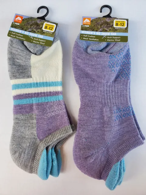 2 Woman's Ozark Trail Merino Wool Blend No Show Tab Socks Size 8-12 Purple/Blue