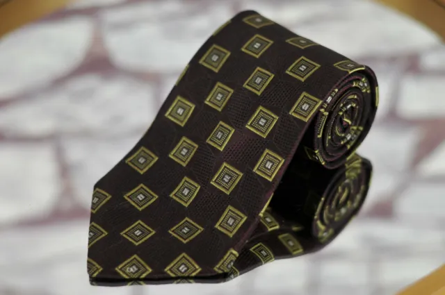 Jos A Bank Men's Tie Burgundy & Olive Geometric Woven Silk Necktie 60 x 3.75 in