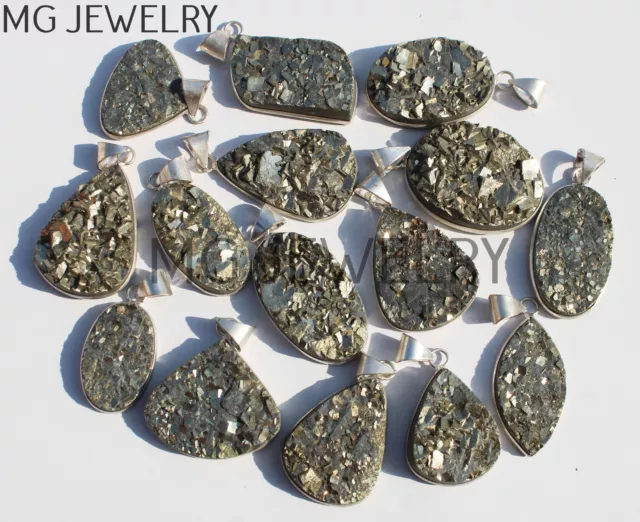 10 Piezas Lote Pirita Druzy Gema 925 Bañado en Plata Bisel Colgantes MFB1115