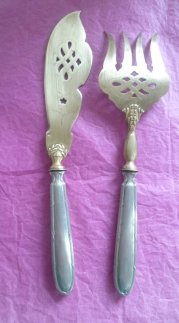 Lot De 3 Couverts De Service – Manches Argent Fourré, Motifs Poisson Et Salade, #1503