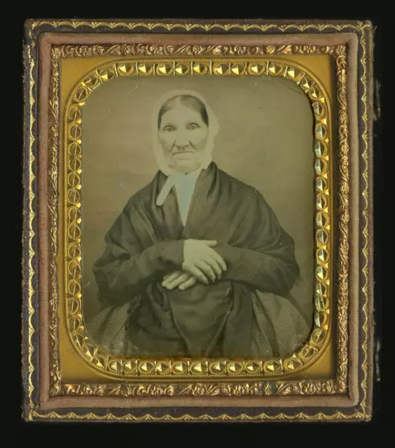 c1850 Daguerreotype Elderly Quaker Woman, Day Cap, Black Shawl, ID'd Burpee
