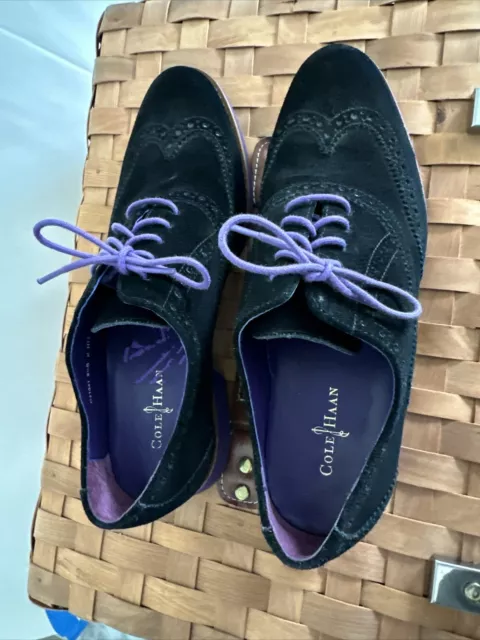 Cole Haan Women’s Black Suede, Wingtip, Purple Accents, Lace Up Oxfords Size 8.5