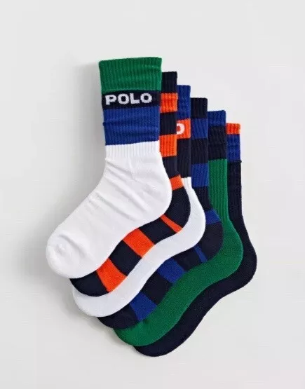 New POLO Ralph Lauren Logo Stripe Cotton Cushioned Performance Crew Socks 6 Pair