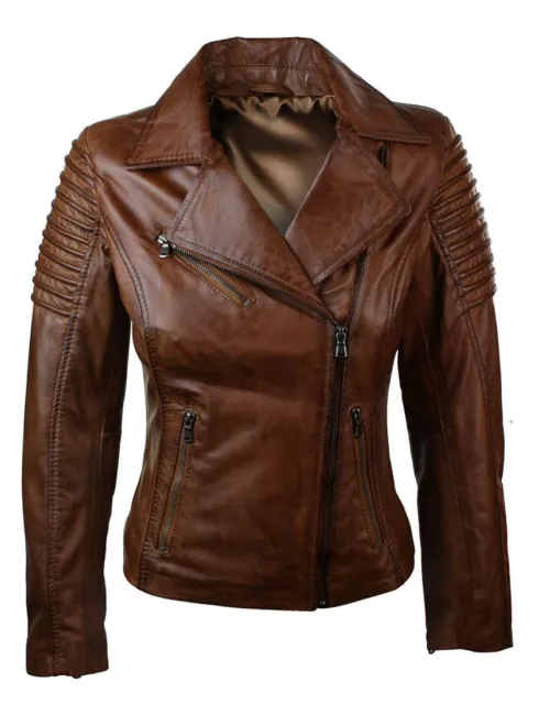Woman Slim Fit Brown Genuine Real Leather Vintage Biker Jacket