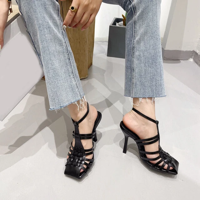 Closed Toe Womens High Heels Braided Hollow Out Shoes Office Slingbacks Sandals