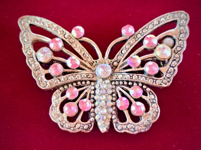 Bejeweled Pink Butterfly Brooch Clear Stones Silver Tone Safety Clasp Vtg