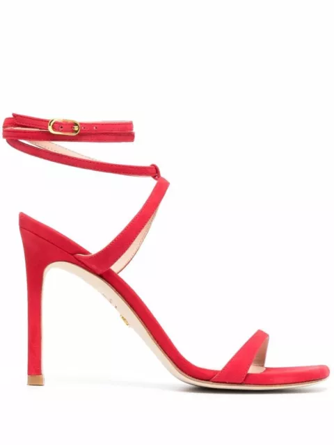 $575 Stuart Weitzman Ellsie 100 Stiletto Sandal Suede Red Square Toe 7 (Tc11)