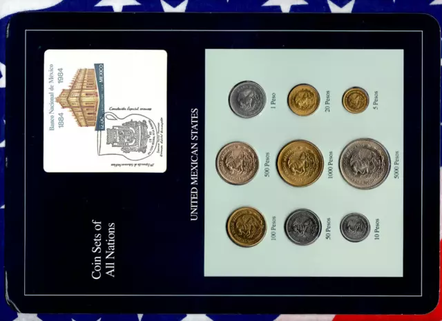 Coin Sets of All Nations Mexico w/card 1985-1989 UNC 100,500,1000,5000 Peso 1988