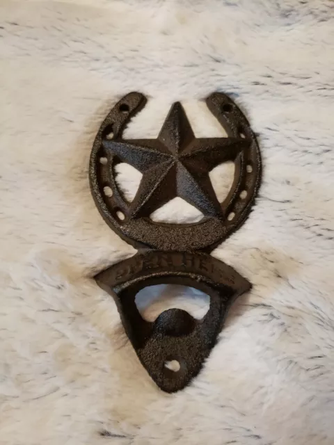 Cast Iron HORSESHOE STAR Plaque OPEN HERE Beer Bottle Opener Western Wall Mount