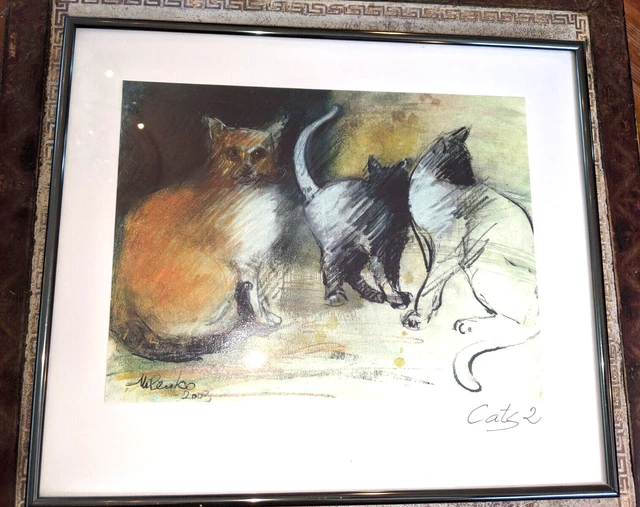 Serbian Artist Milenko Katic Signed Matted & Framed Art Print 'Cats 2' 2003