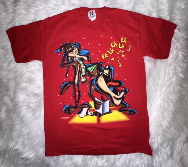 VTG 90s Wile E Coyote-Taz -Looney Tunes Signal Artwear Singing Red T-shirt Large 2