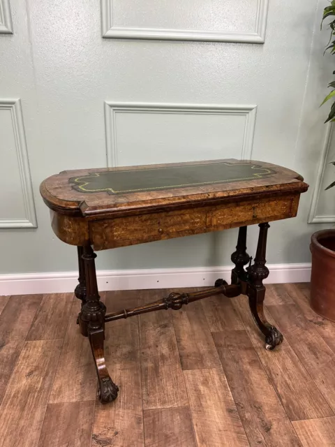 19th C Antique Victorian Inlaid Burr Walnut Console Lamp Games Card Side Table