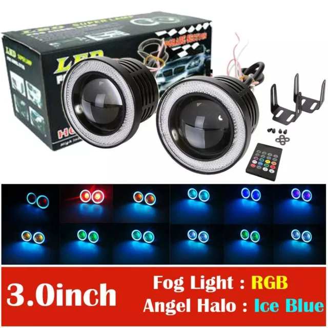 2x 3 RGB LED Projector Fog Lights Driving W/ Ice Blue COB Angel Eyes Halo Rings