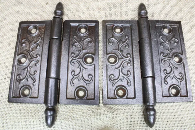 2 Old Door Hinges 4 X 4" Acorn Tip Vintage Victorian Clean Cast Iron Vines