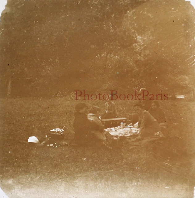 Family Lunch on the Grass c1930 Photo Glass Plate Vintage V28L23n2