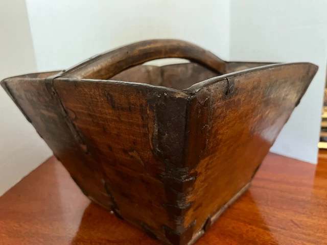 Antique Chinese Rice Carrier Wood Box with Metal Strapping, Curved Handle